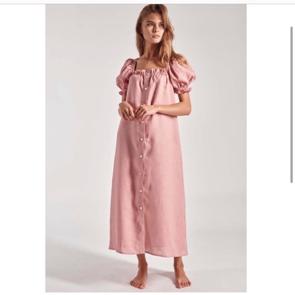 NEW Sleeper Brigitte Linen Puff Sleeve Button Down Belted Maxi Dress Pink Large